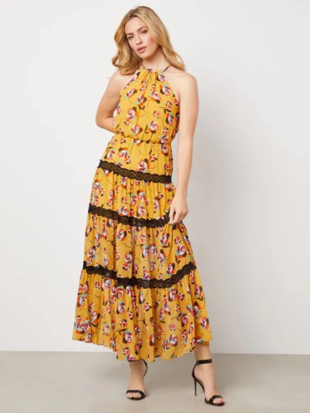 BCBG Yellow Halter Floral Maxi Dress with Lace Trim small